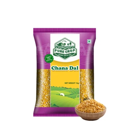 PureCrop-Chana-Dal Top-down view of golden yellow Pure Crop Chana Dal in a ceramic bowl.