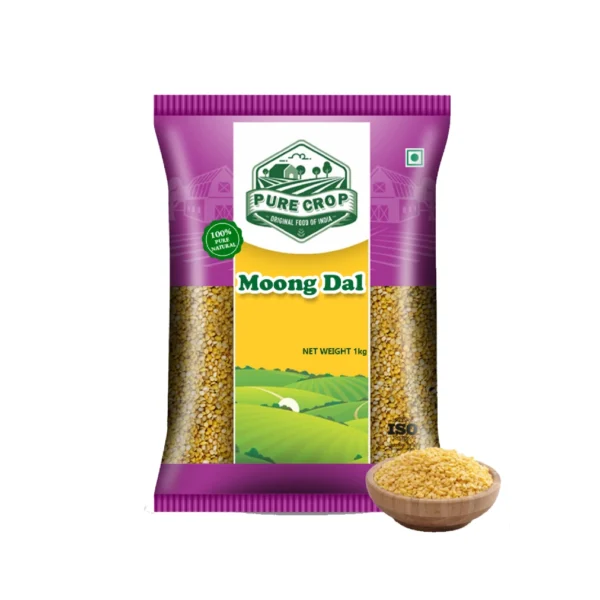 PureCrop-Moong-Dal A vibrant mound of soft yellow Pure Crop Moong Dal in a bowl.