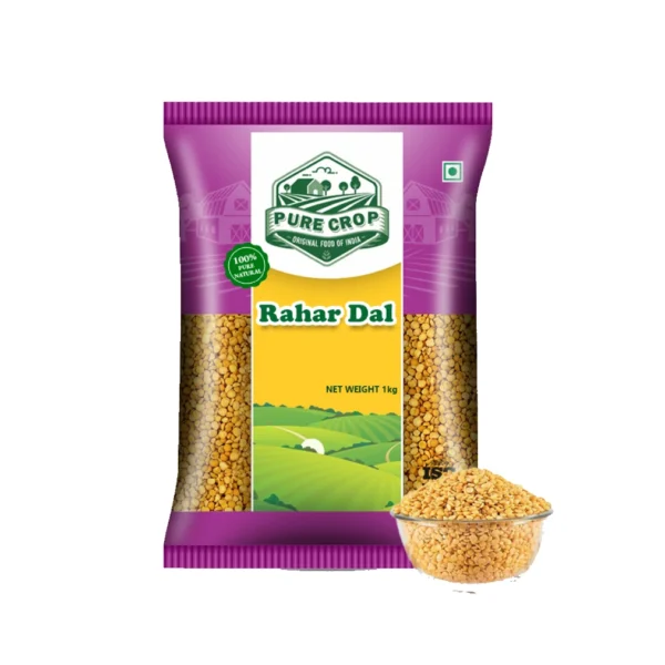 A vibrant heap of Pure Crop golden yellow Rahar Dal (Toor Dal).