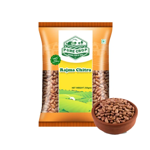 PureCrop-Rajma-Chitra A scattering of speckled, light beige Pure Crop Rajma Chitra beans.