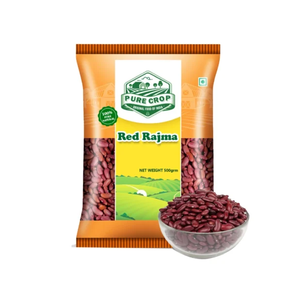 A close-up of dark red Pure Crop Rajma beans arranged neatly.