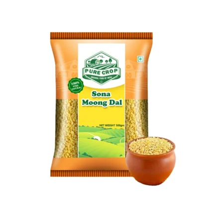 Close-up of a bright, uniform collection of Pure Crop Sona Moong Dal.