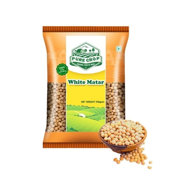 A close-up of smooth, pale Pure Crop White Matar (dried white peas).