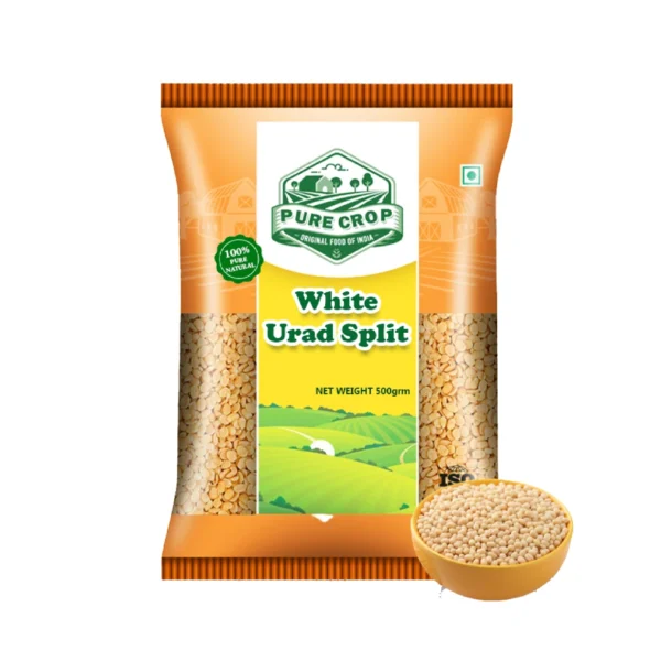 PureCrop-White-Urad-Split A clean, white pile of Pure Crop Split Urad Dal against a dark background.