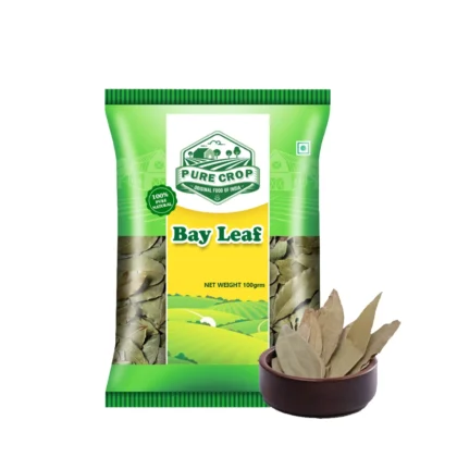 PureCrop-Bay-Leaf A small pile of whole, dried, greenish-brown Pure Crop Bay Leaves.