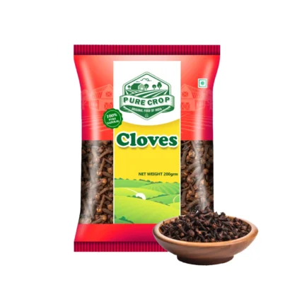 PureCrop-Cloves Potent, whole Cloves (Laung) with a warm, pungent aroma. Perfect for seasoning, baking, and aromatic beverages. Available in 100gm to 1Kg packs.