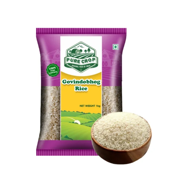 Small, pearly white, short-grain Pure Crop Govindobhog Rice.
