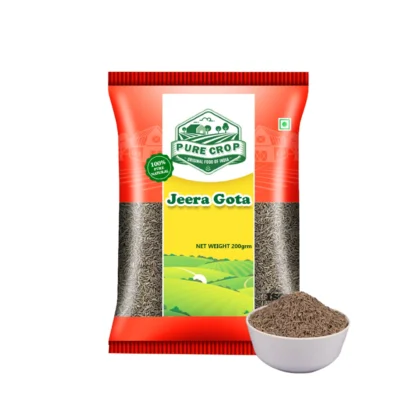 PureCrop-Jeera-Gota A mound of small, brown Pure Crop Gota Jeera (Whole Cumin Seeds).