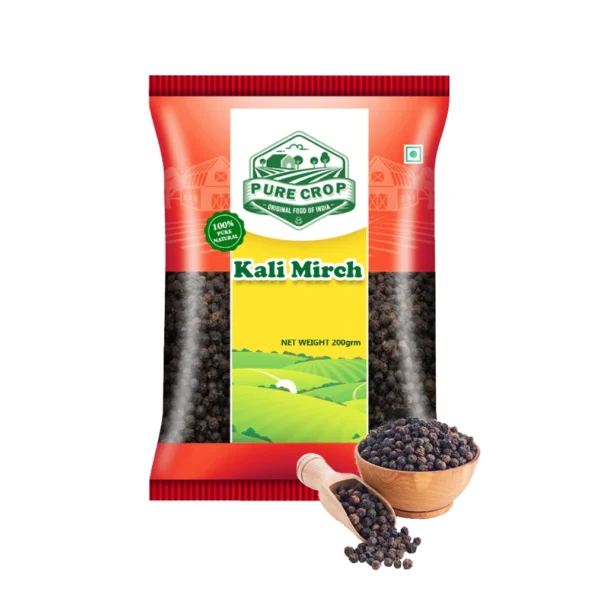 A close-up of dark, wrinkled Pure Crop whole Black Peppercorns (Kali Mirch).