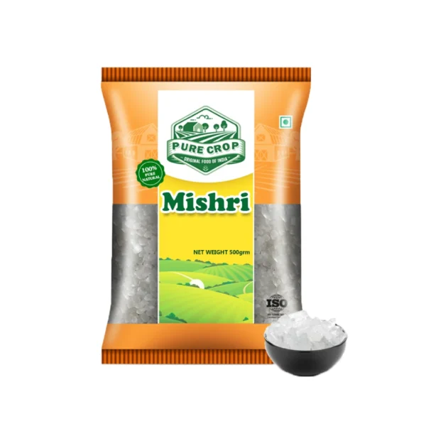 Clear, irregular crystalline pieces of Pure Crop Mishri (Cut Sugar Candy).