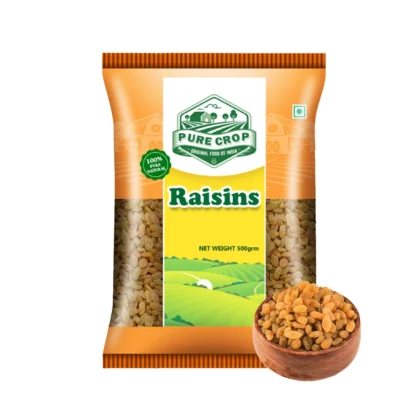 A pile of dark, wrinkled Pure Crop Raisins (Kishmish) on a surface.