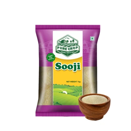 A close-up of light yellow, granular Pure Crop Sooji (Semolina).