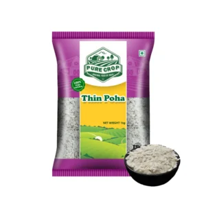 A scattering of small, paper-thin, white flakes of Pure Crop Thin Poha.